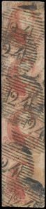 N° 8 '40 cent. carmine' (strip of 4) not fully margined, afst. P.24 Brussels, f/to be checked (OBP € 1,500)