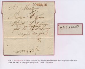 1816 Voorloper met inhoud, met vertrekstempel Doornik, Herlant 46, naar Bertrange (pres de Luxembourg), brief werd foutief gestuurd naar Arlon, waar 