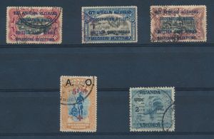 N° 29, 31, 33, 43 and 91 with foreign cancellations such as Mombasa, Mbarara, Abercorn, Athens and 
