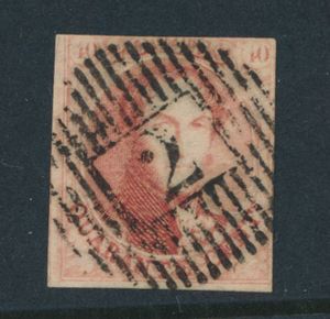 N° 8A '40 cent. karmijnrood' met P/D 2 Alost, bovenaan ingesneden, m (OBP € 125 + Coba € 50)