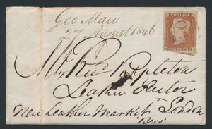 1846, (SG) N° 8, op briefje met inhoud uit Bishop Auckland naar Hull 26/08/1846. Goed gerande zegel 1 P redbrown (lichtjes ingeknipt), zeer mooie blauwe nummerstempel 80 van Bishop Auckland (SG zegel ++£180)