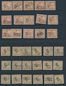 1923, Gruppe von 59 Briefmarken 10c grün (22x) TX63, 15c braun-grau (22x) TX64 und 25c rot-braun (15x) TX65 der Floors Ausgabe, alle überdruckt 