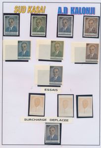 1961, study on the A.D. Kalonji issue on 11 pages, full sets, blocks of 4, cancellations, proofs, full set unperforated in full sheets of 25 stamps, (COB ++625€), vf/f/to be checked
