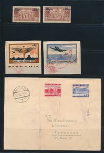 1921, Kleine samenstelling met Gordon Bennett brief met vignet Aero Tag- Poznan, op fagmenten, MI N° 291 met verschoven opdruk en pakketkaart met Mi N° 44, zm.