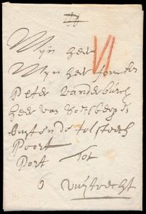 1668 Voorloper met inhoud, vanuit Antwerpen, dd. 9 juli 1668, naar Utrecht, port van VI rode krijtstrepen (Belgische gedeelte) en 5 stuivers (Nederlandse gedeelte), tesamen 12 stuivers, zm