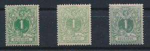 N° 26, 26a and 26 B '1 cent. green and grey-green' (perfs 14) all very good centring and very fresh, N° 26 B pinhole, vf (OBP €185)