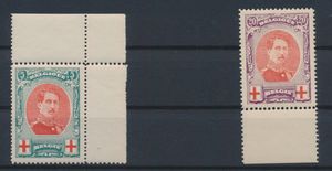 Nos 132A et 134A en dentelure 12 x 14 et 12 respectivement, gomme brune pour les deux valeurs, b (OCB 400 €).