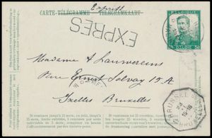 1912 Telegramkaart 17, 1912 (15 mei) Type Pellens (140 x 90 mm), 30 Cent groen op lichtgroen, met Expres stempel en manuscript 