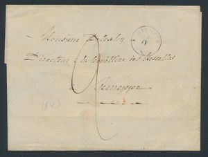 1843 Voorloper zonder inhoud, vanuit Riemst, dd. 6 april 1843, type 18, Herlant 1, naar Jemeppe, met ontvangststempel van Liège, port 2 decimen, zm
