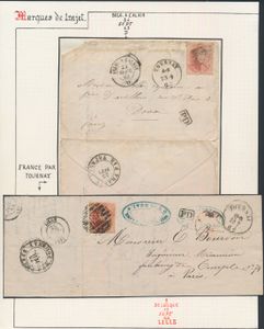 4 brieven, met stempels van grenskantoren, alle naar Frankrijk. Brief met rechtopstaand paar van 20c, brief met 2 zegels N° 14 (Tournay naar Lille), brief met N° 12 van Tournay naar Paris en N° 16 op brief van Tournay naar Douai, zm/m