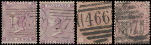 N° 66, 66a (2x), 72, 84, 85, 103, 109 (2x) and 141 (2x) Accumulation of Queen Victoria stamps, cancelled wo. n° 141, twice plate 17, very rare, vf (S.G. +++£2,020)