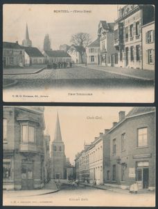 Mortsel, vues splendides, château de Genioot, Malines Stw., la nouvelle église et l'hôtel de ville (4 pièces)