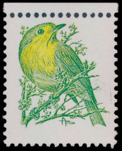 N° 2223-Cu 'Roodborstje 3,50 Fr' met spectaculaire variëteit 'Rode en zwarte kleuren ontbreken totaal' dus ook geen waardeaanduiding, met fotocertificaat.