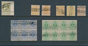 N° 27 (blok van 6), 28 (2x), 45 (blok van 8), 50 (2x), 51 en 59, alle met roulette stempel, zm