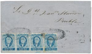 1861, brief van Guadelajara naar Puebla, gefrankeerd met (Mi) N° 1-IIa medio real strip van 4, gesigneerd Diena, zm.