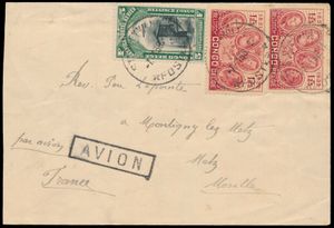 1936, airmail cover franked with COB n° PA4 (5fr - Airmail 1921) and 186 (2x) 