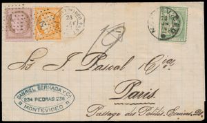 1876, mooie brief van Montevideo naar Paris, gefrankeerd met Uruguay 10c groen en Frankrijk Yv  38 en 54' met stempels 'Anker' en Montevideo, met fotocertificaat, zm.