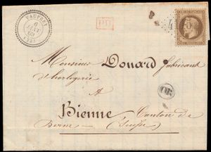1868/1869 Samenstelling van 4 brieven naar Zwitserland, waarbij 2 brieven gefrankeerd met Yv. n° 28A + 30 lauré en 2 brieven gefrankeerd met Yv. n° 30 lauré, zm/m 