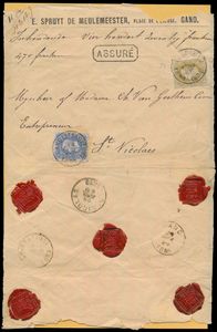 1880 N° 31 en 32, waardebrief (omslag), vanuit Gand(St Sauveur), dd. 28 april 1880 naar St.-Nicolaes (aankomststempel Gand Station), Gand en St. Nicolas dd. 29 april 1880), manuscript 