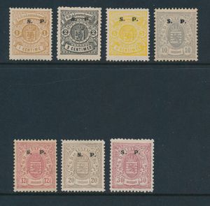 N° 27-II/34-II '1884 Wapenschild met opdruk S.P. breed type' w.o. 30/314 met gom, diverse gekeurd,zm (Mi € 1.700 door meerwaarde met gom)
