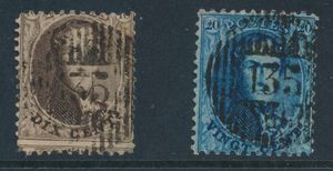 Nr. 14A und 15A, einzelne knappe Zähnungen, Abstempelung D.135-Mozu kontrollierenen, schön/zu kontrollieren (COBA €75)