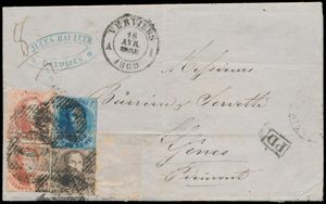 1860 N° 10A, 11A and 12A (2x) on letter with contents, cancelled P.123 A1-Verviers, dd. 16 April 1860, Genes (Piedmont-Italy), on reverse nice cancelled 