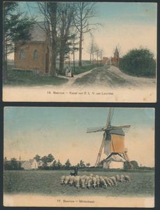 Beerse, belles cartes en couleurs, du moulin, de la chapelle Notre-Dame de Lourdes et de la rue de l'école (3 pièces).