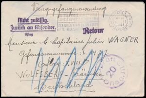 1941 Kriegsgefangenensendung, vanuit Brussel, dd. Februari 1941, naar Wolfsberg (Duitsland), geadresseerd aan capitaine Julien Wagner, teruggestuurd naar afzender, met drie paarse stempels 