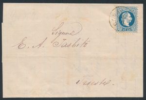 1876 Oostenrijkse Levant, N° 4I (Mi.), briefkaart uit Cavalla (tegenwoordig Kavala, Griekenland) naar Triëst met een 10so blauwe grove afdruk, vastgezet door een duidelijke afdruk van het poststempel, ongebruikelijk, zm