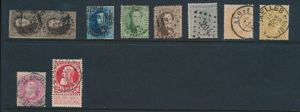 N° 10/74, kleine verzameling zegels, met afstempelingen, stempels, curiositeiten, enz., voor de specialist, in album, zm/m/ntz