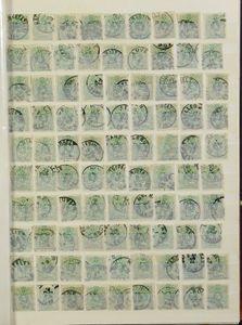 N° 45 en 46 (1884), samenstelling duizenden zegels in insteekboek, na te zien op stempels, kleurnuances, plaatfouten, zm/m/ntz