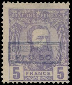 CP 4 ‘5fr. violet’ from 1887 with framed overprint ‘COLIS POSTAUX/ 3.50fr.’ in type B in black, off-centre to the right, Vander Marcken certificate, vf (OBP €1.800)