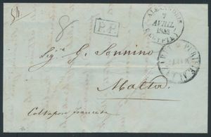 omslag uit 1843, van vóór de filatelie, van Alexandrië naar MALTA, met 