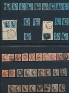 N° 14 met 3 paren en 9 zegels, n° 15 met 2 paren, w.o. 1 op fragment en 15 zegels, n° 16 met 12 zegels, zowel punt- als balkenafstempeling, zm/m