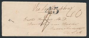 1854 kleine pre-filatelistische omslag verzonden van Alexandrië naar Boston, MA, Verenigde Staten, met Britse vertrekstempel van Alexandrië op de achterzijde, naast doorvoer- en aankomststempels uit Londen en Boston, diverse boekhoudkundige aantekeningen op de voorzijde, uitzonderlijke kwaliteit en prachtig uiterlijk, naar verluidt vervoerd van Engeland naar de Verenigde Staten door de Cunard-stoomboot 