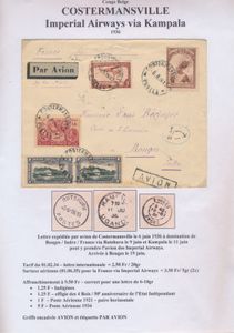 1936, airmail cover, franked with COB N° (pair) PA2, (1x) PA12, (1x) 177 and (1x) 186, sent by airmail via Imperial Airways, from Costermansville June 6, 1936 to Bouges / France where it arrived June 19, via Rutshuru and Kampala / Uganda, correctly franked, vf/f