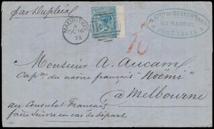 1873 Mauritius, N° 69 (S.G.) briefkaart van Port-Louis naar MELBOURNE, AUSTRALIË, geadresseerd aan de kapitein van een Frans schip bij het Franse consulaat en gefrankeerd met een QV 1/- blauwe postzegel vastgezet door 