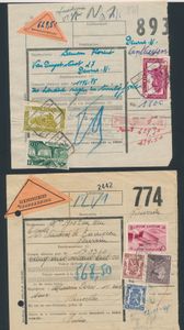 1951/1966 Samenstelling 26 postcolliformulieren met labels of lijnstempels, rembours/terugbetaling, soms met bijkomende zegels, lijnstempels van stations, zm/m