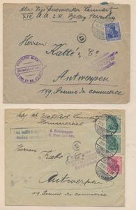 1914/1918 Samenstelling van 36 poststukken/ZK, documenten, Duitse aanwezigheid in België, censuur, militairen, spoorweg, enz., zm/m