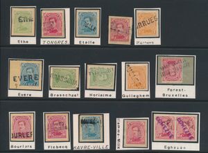 N° 135, 137/138 en 141, 15 ex., alle met naamstempels, zoals Tongres, Etalle, Gulleghem, Havre-ville, Hamme-mille, enz., zie scan, zm