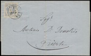 1887 Oostenrijkse Levant, N° 11 (Mi.) envelop van Prevesa, Griekenland naar Triëst, voorzien van een 10so blauw uit de uitgifte van 1883, verzegeld door Prevesa c.d.s. met drielijns datum, aankomststempel op de achterzijde, zm/m
