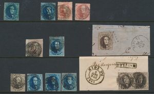 Lotje met ambulante stempels op médaillons (ongetande en getande médaillons), twee op fragment (waaronder 1 paar) en 10 zegels, w.o. 1 groene afstempeling op N° 7, leuke samenstelling voor de specialist, zie scan, zm/m