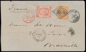 1870 Mooie brief van Alexandrië naar Marseille met gemengde frankering en diverse stempels, w.o. rode 