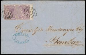 1862 Britse postkantoren in Alexandrië, N° Z20 (S.G.) omslag verzonden naar Bombay, India via het Britse postkantoor in Alexandrië en voorzien van een paar QV 6d lila uit 1856, beide gestempeld met 