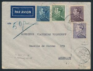 1938 N° 430/31, 433/34 op luchtpostbrief van Gent 1938 naar Asunción (Paraguay), achteraan speciale stempel 