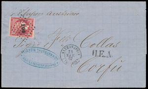 1867 N° 22Ib (Mi.) omslag verzonden vanuit Alexandrië naar Corfu, Griekenland per Oostenrijks schip, gefrankeerd bij aankomst met een 80l karmijnrode Grote Hermes-kopzegel, overgestempeld met 