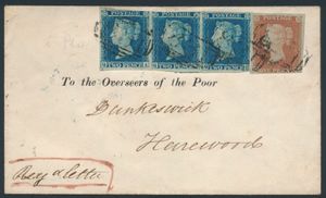 1854 Aangetekende brief van Alhwick (?) naar Harewood met mooie frankering van ongetande 