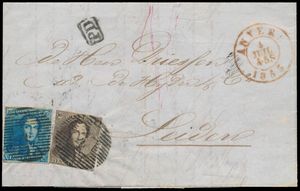 1853 N° 1 en 2, op brief met inhoud, vanuit P.4-Anvers, dd. 4 juli 1853, naar Leiden (Nederland), 