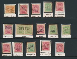 N° 135 en 137/138, 15 ex., alle met naamstempels, zoals Haute-Croix, Hamoir, Ethe, Houdemont, Bousval, La Bouverie enz., zie scan, zm