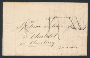 1850 Voorloper met inhoud, vanuit Paris (Frankrijk), dd. 16 december 1850, naar Châtelet (près Charleroy), mooie stempels keerzijde, w.o. grensstempel zwart 